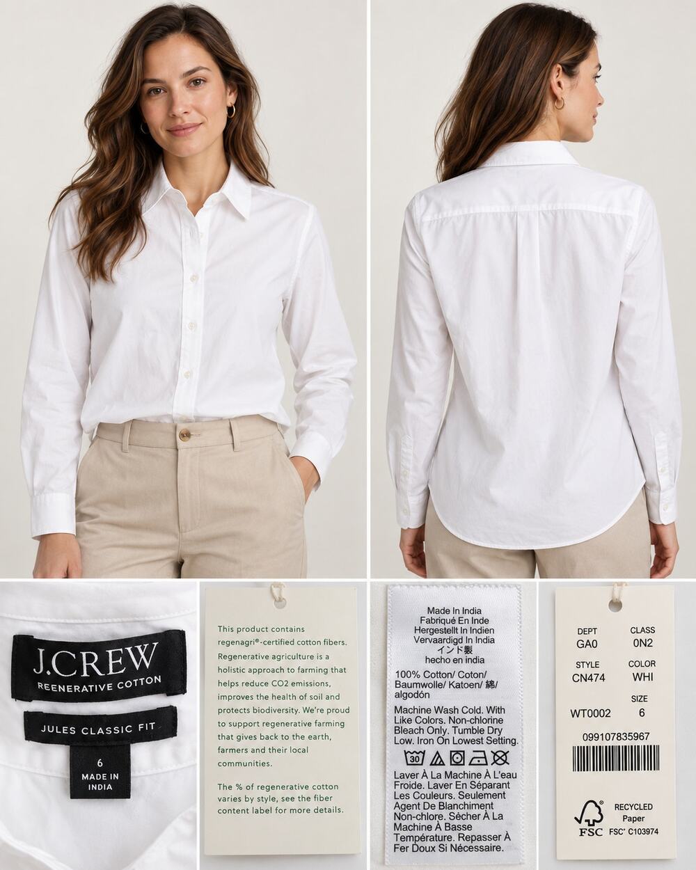 J.Crew Women’s Size 6 Classic Fit White Button Down Shirt Regen Cotton NWT